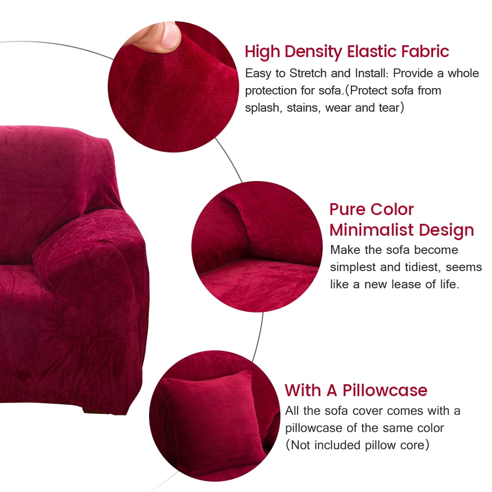 CJC Plush Sofa Covers Stretch Solid Thick Slipcover for 1-Seater Velvet Easy Fit Non-Slip Furniture, Wine Red