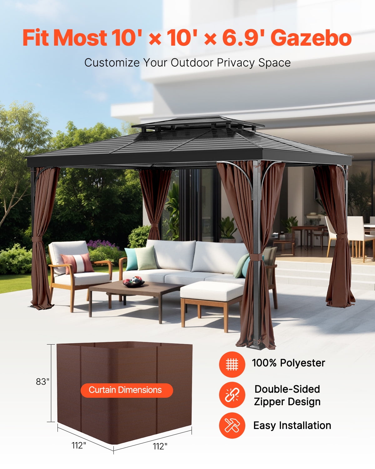 VEVOR Gazebo Curtains Outdoor, Fit Most 10' x 10' x 6.9' Gazebos, 4-Panel Sidewall Gazebo Privacy Curtains with Zippers, Outdoor Curtain Replacement for Patio Canopy, Only Curtain, Coffee