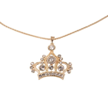 Crown Slide Charm - Elegant Gold Tone Crystal Rhinestone Crown Charm Pendant Long Necklace