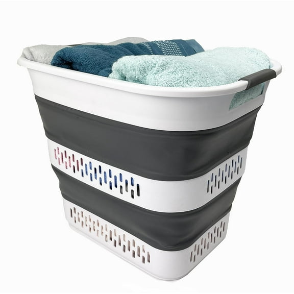 SAMMART Cesta de lavandería plegable de plástico de 40 litros (10,5 galones) – Contenedor/organizador de almacenamiento plegable – Cesto de lavandería portátil – Ahorro de espacio (1, blanco/gris acer
