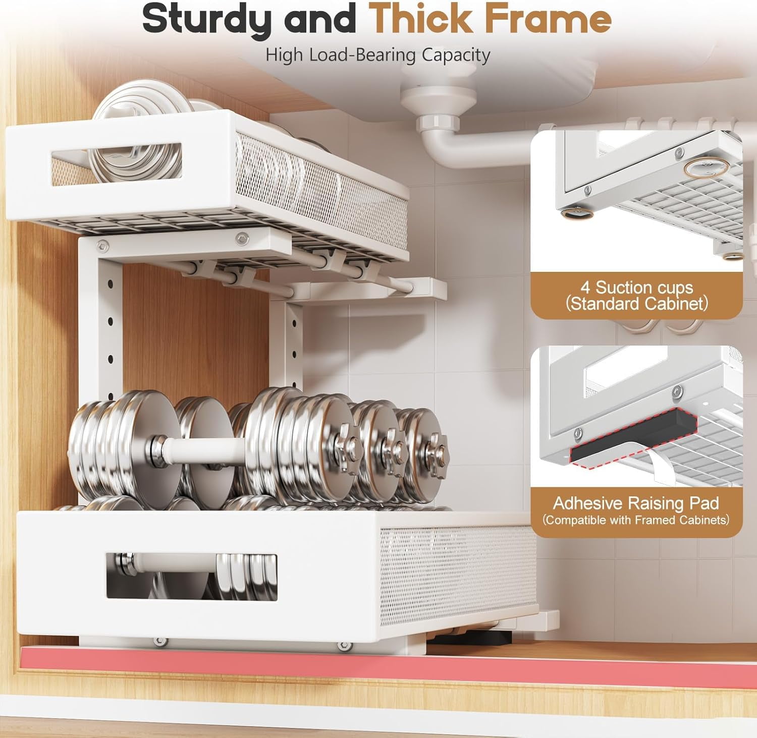 2 Pack 17IN Depth Under Sink Storage Organizer, Large 2-Tier Elegant Mesh Pull Out Shelf for Kitchen and Bathroom Cabinet Organization, L-Shaped and Adjustable Height Design-Gun Gray