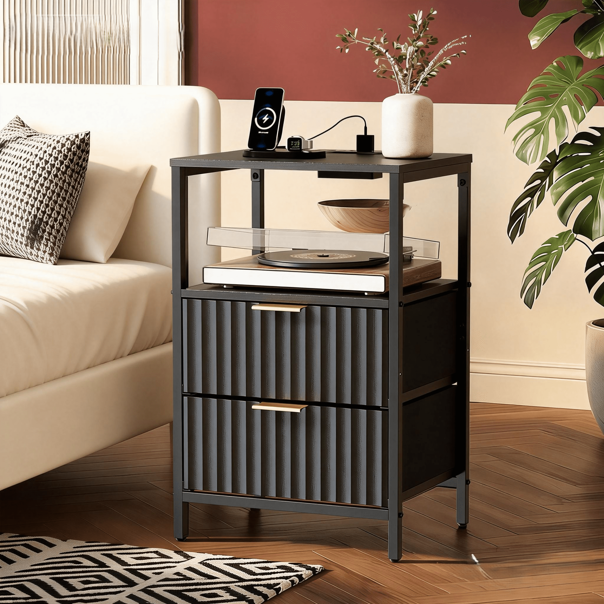 Ktaxon 2pc Nightstand with Charging Station End Table with 2 Fabric Drawers Bedside Table Furniture for Bedroom, Living Room,Fluted Wave Design