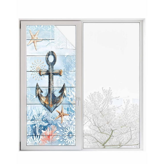 Window Privacy Film Nautical Anchor Stained Glass Window Film Decorative Sun Block Window Cover Blue Coastal Starfish Coral Wooden Grain Window Clings Static Adhesive Sticker for Bathroom 23.6"x59"
