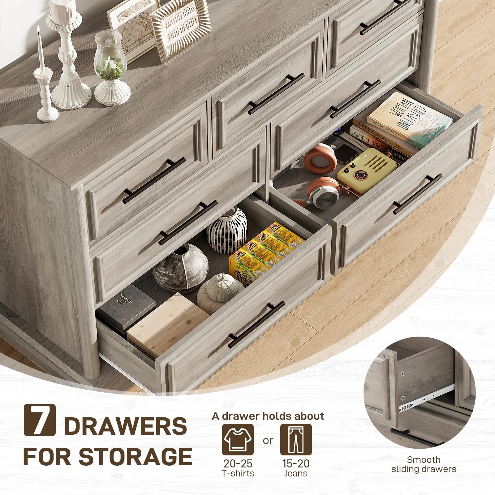 Holliwill 7 Drawers Dresser for Bedroom, Farmhouse 54" Wide Dresser Wood Chest of Drawers for Living Room, Rustic Grey