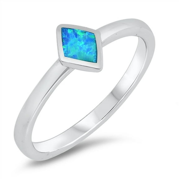 Blue Simulated Opal Rhombus Center Ring Sterling Silver Size 4