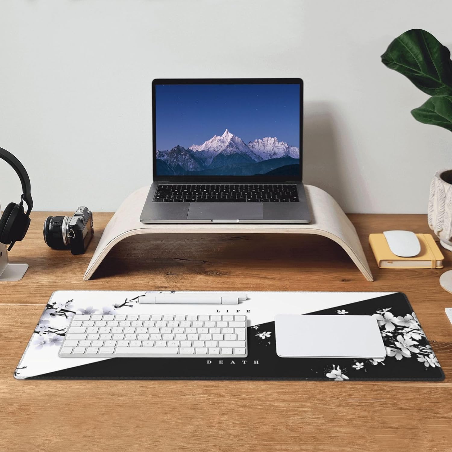 PrimeCook Shop Japanese Life Death Keyboard Mat, Black White Japanese Anime Gaming Mouse Pad for Desk with Anti-Slip Rubber Base and Stitched Edges, Japanese Sakura Pagoda Sun Mouse Pad