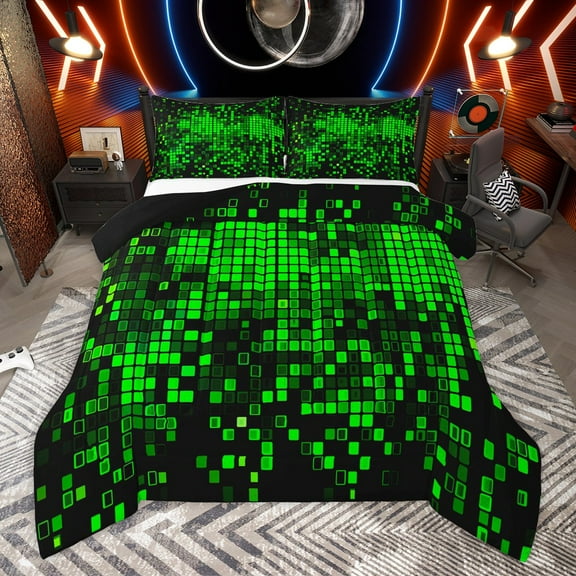 Manfei Geometric Plaid Grid 2pcs Bedding Comforter Set for Boys Girls Kids,Green Neon Lights Twin Comforter Sets,Futuristic Cubes Breathable Bedding Set,Microfiber Bedroom Decor,Reversible