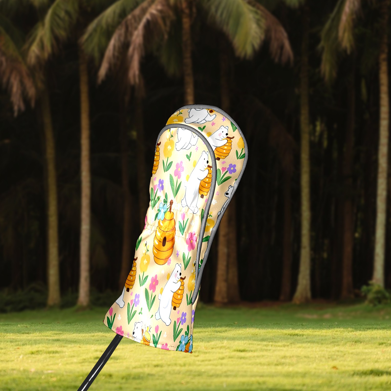 Golf Club Covers, Yellow PolarBearPumpkin Premium PU Leather Driver Hybrid Putter Head Covers with Velvet Lining, Waterproof Golf Gifts for Men Women