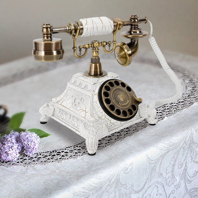Antique Rotary Dial Telephone - Vintage European Style Desktop Landline Phone In Gold & White (Resin & Metal)