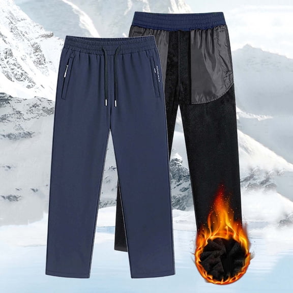 Busydd Plus Size Men's Pants Winter Warm Fleece Lined Hiking Pants Elastic Waist Drawstring Straight Leg Men's Casual Pants with Pockets 2XL
