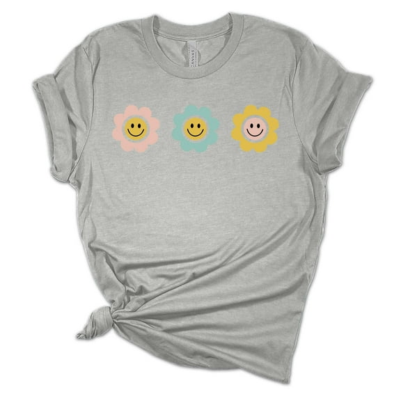 Womens Smiling Happy Face Flowers Unisex Fit Short Sleeve T-shirt Graphic Tee-Sports Grey-large