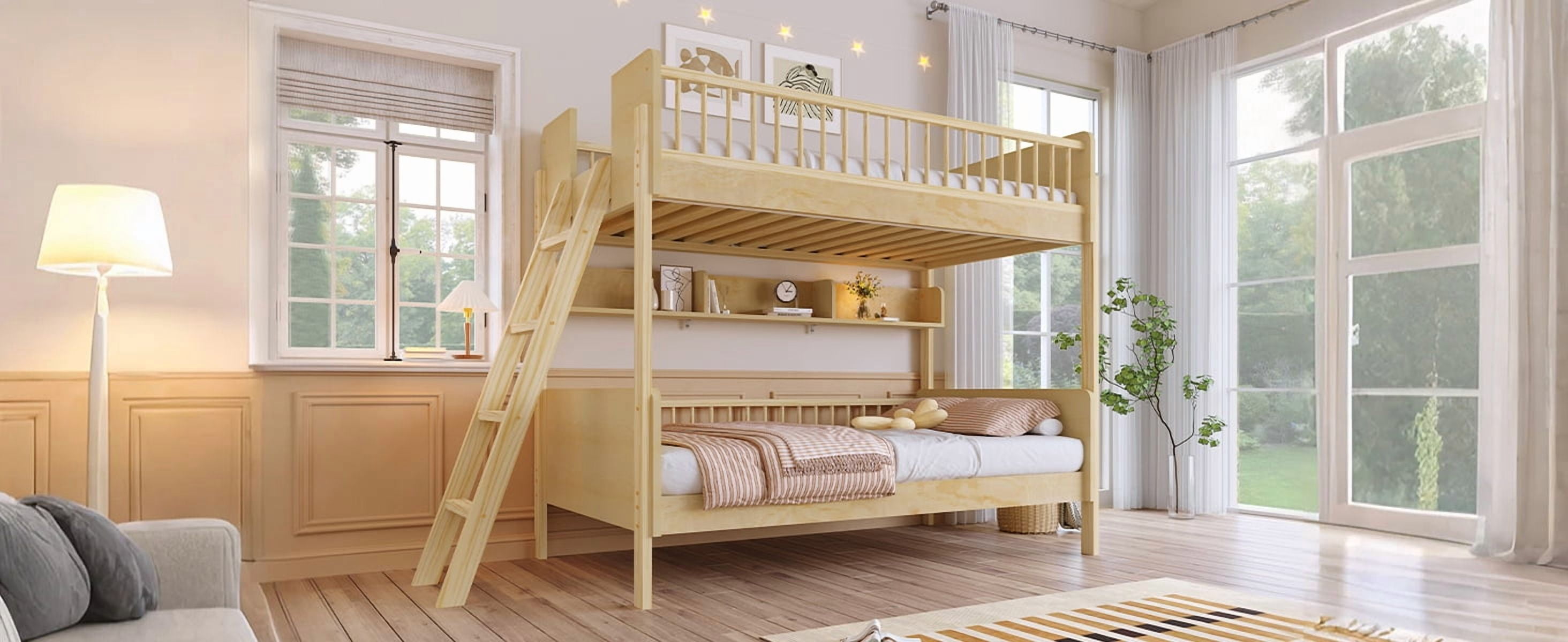 Yoneston Twin Over Twin Size Bunk Bed with 3 Storage Shelves, Wooden Platform Bed Frame with Safety Guardrails & Adjustable Ladder for Kids Teens Bedroom Dorm, Natural