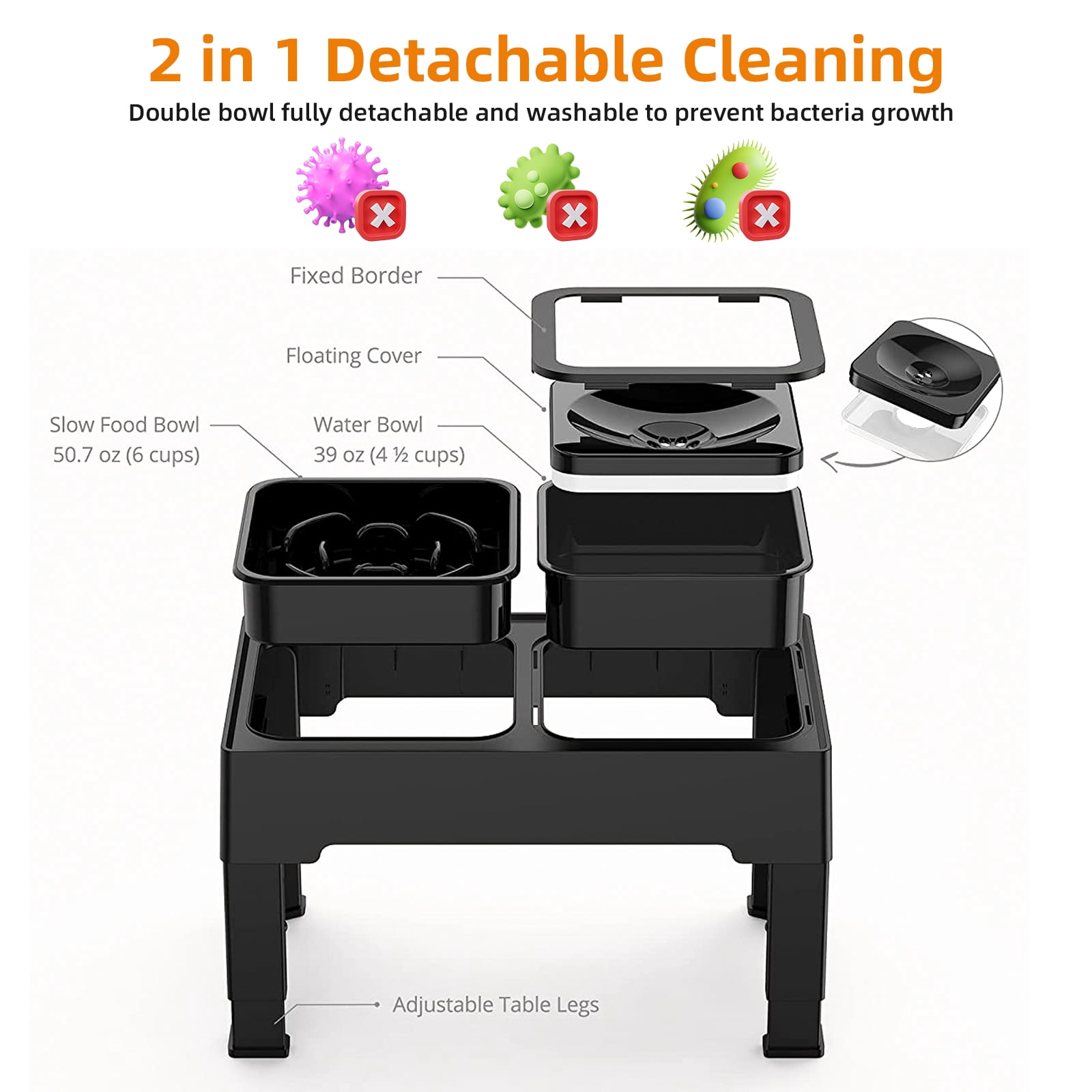 Elevated Dog Bowls, Slow Feeder Raised Dog Bowl 4 Height Adjustable No Spill Water Bowls & Non-slip Food Bowls Stand for Small Medium Large Sized Cats Dogs and Pets