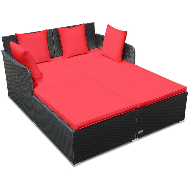 Giantex Causeuse-Lit de Jour en Rotin pour Patio, Ensemble de Canapé d'Extérieur en Osier avec Coussin Rembourré et Pied Robuste, Rouge