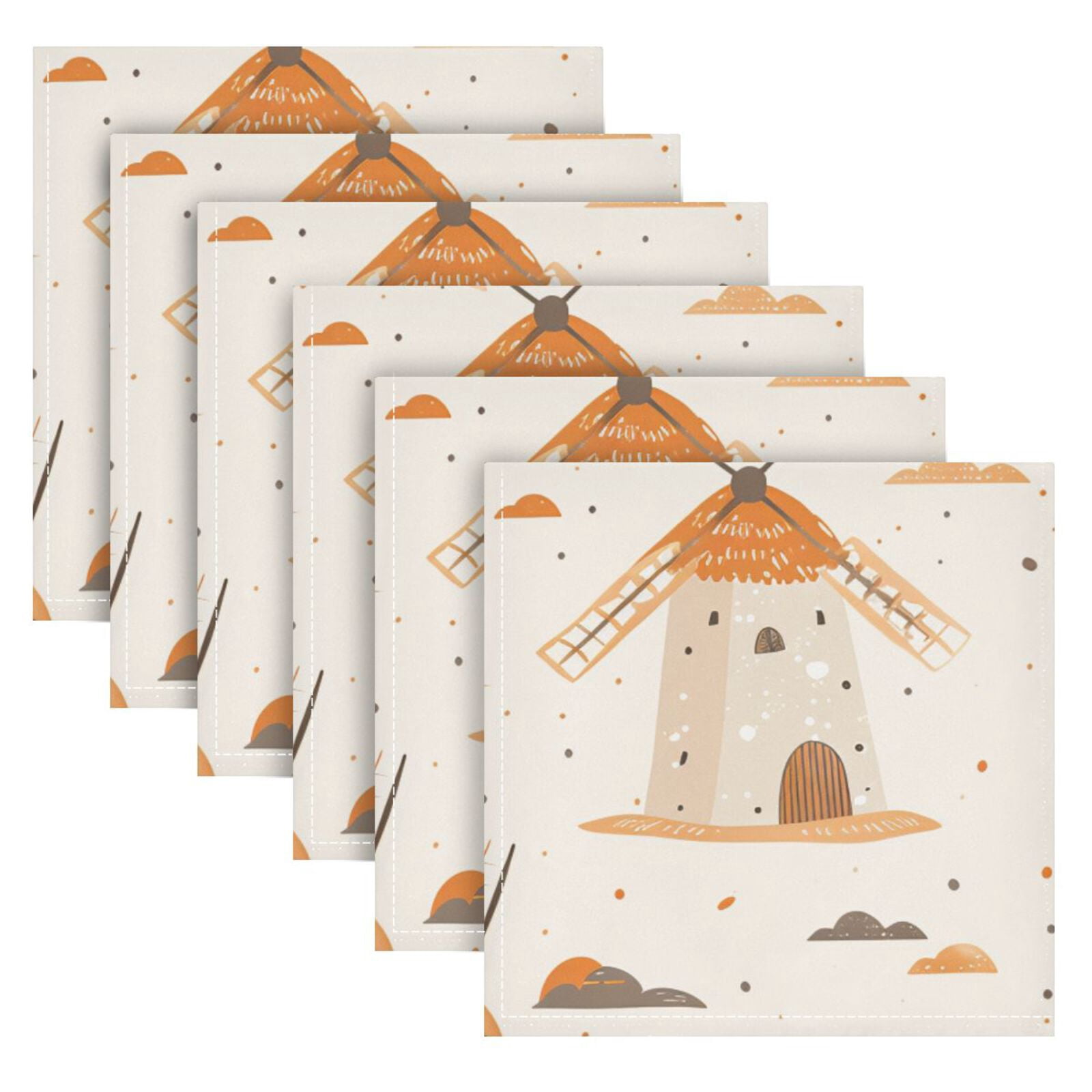 JSTEL Orange Windmill Polka Dots Cloth Napkins Set of 6, 20x20 Inch Washable and Reusable Napkin for Decoupage Dinner Party Everyday Use