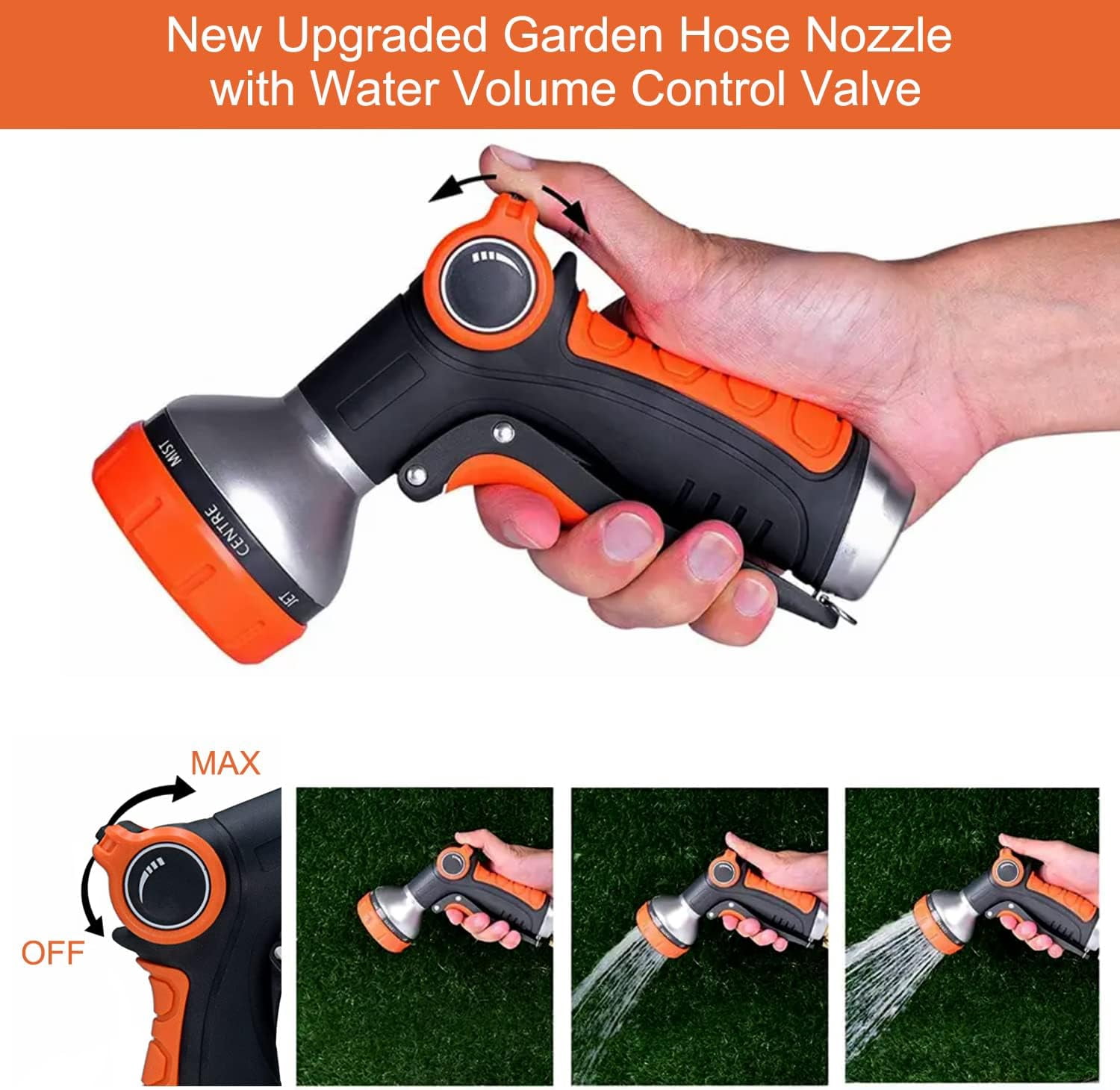 Garden Hose Nozzle Heavy Duty, High Pressure Adjustable 8 Patterns Metal Water Hose Nozzle Volume Control Valve Attachment Hose Sprayer Nozzle for Outdoor Garden Watering Car Washing Pet Showering