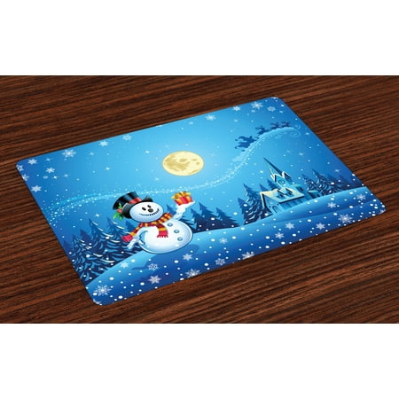 Christmas Placemats Set of 4 Snowman Gets the Gift from Santa Claus in Winter Night Moonlight Illustration, Washable Fabric Place Mats for Dining Room Kitchen Table Decor,Blue Yellow, by (Best Place To Get Fabric)