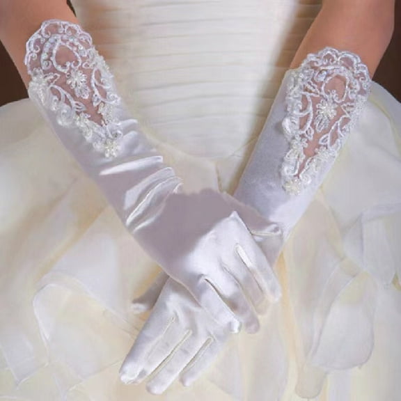 Wedding Flower Girls Communion Pageant Costume Long Satin Gloves women dress for wedding long fiesta Elegant Satin Lace Gloves Long Bridal Gloves for Bride Flower Girls Women Wedding Prom Party