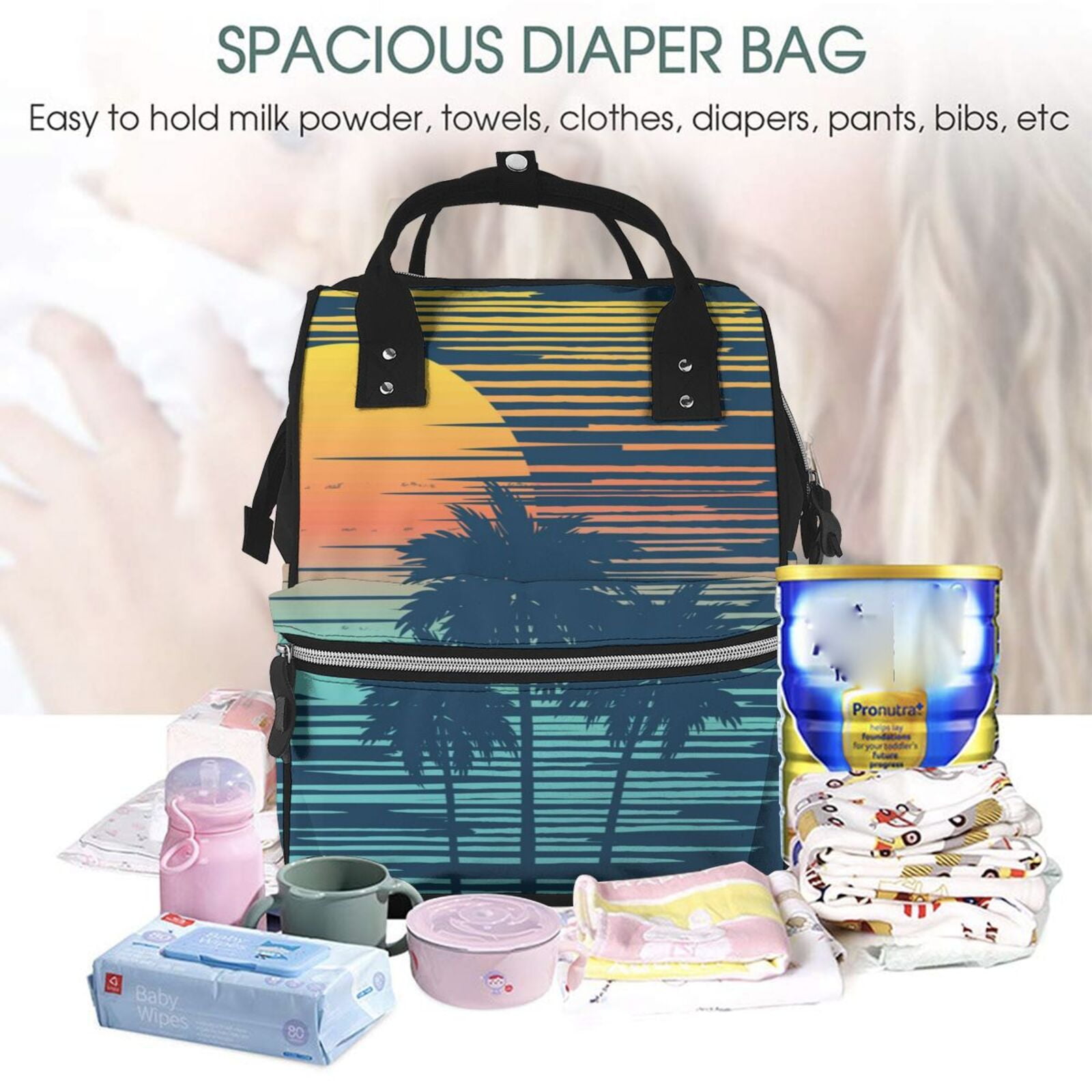 Ratiio Palm Trees Mummy Backpack - Waterproof Twill Canvas, Large Capacity Diaper Bag with Multiple Pockets and Adjustable Straps
