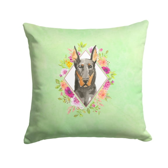 Carolines Treasures CK4401PW1414 Doberman Pinsher Green Flowers Fabric Decorative Pillow  14Hx14W multicolor