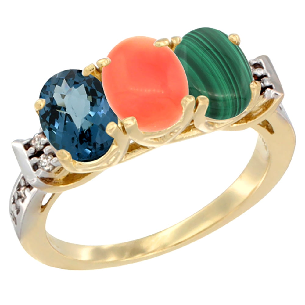 10K Yellow Gold Natural London Blue Topaz, Coral & Malachite Ring 3-Stone Oval 7x5 mm Diamond Accent, sizes 5 10 by WorldJewels