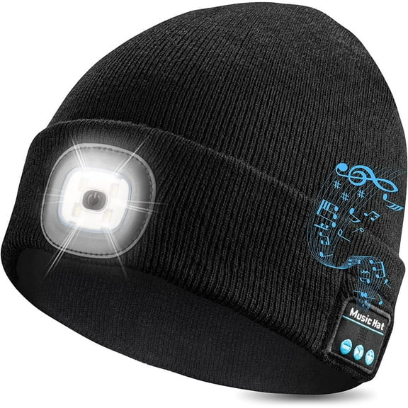 Zukuco Unisex Bluetooth Beanie with Headlight, LED Music Beanie, Rechargeable Musical Knitted Cap for Men Women Gifts