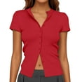 thumbnail image 2 of Womens Summer Tops Button Up Ribbed Short Sleeve Cardigan Pure Color Womens Shirts Red L, 2 of 4