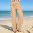 thumbnail image 7 of Women's Linen Wide Leg Cargo Pants Elastic Drawstring Waist Casual Loose Trousers With Pockets, 7 of 7