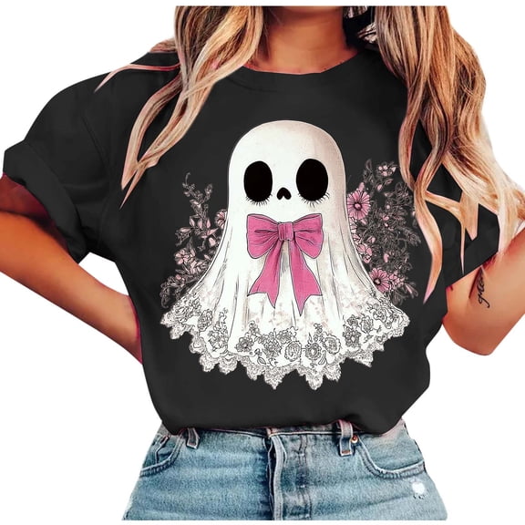 Halloween Ghost Bow T-Shirt Women Cute Graphic Tee Fall Short Sleeve Funny Spooky Costume Tops