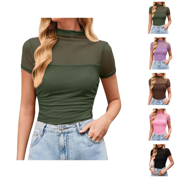 Mesh Top for Women Short Sleeve Neck Sheer Ruched Slim Fit Solid Stretchy Fitted Going Out Top