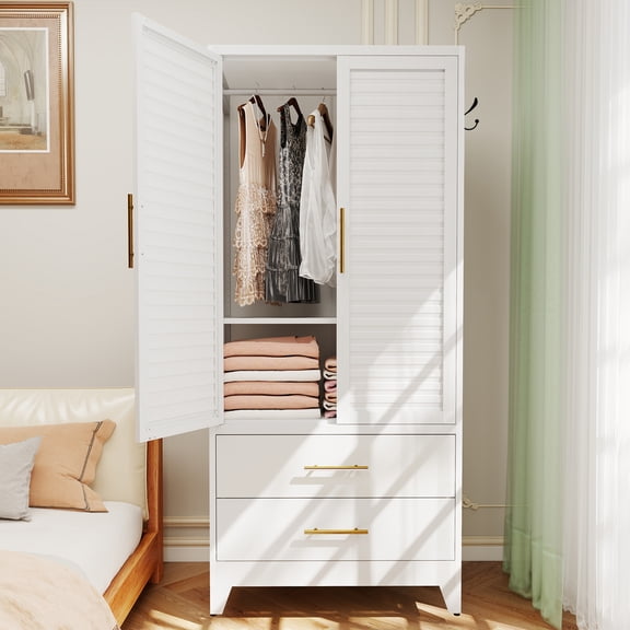avobird 71" Tall Metal Wardrobe Cabinet with 2 Doors, Wardrobe Closet with Shelf, Lightweight Closet for Small Apartments, Dorm, Renters, Cold Rolled Steel, White