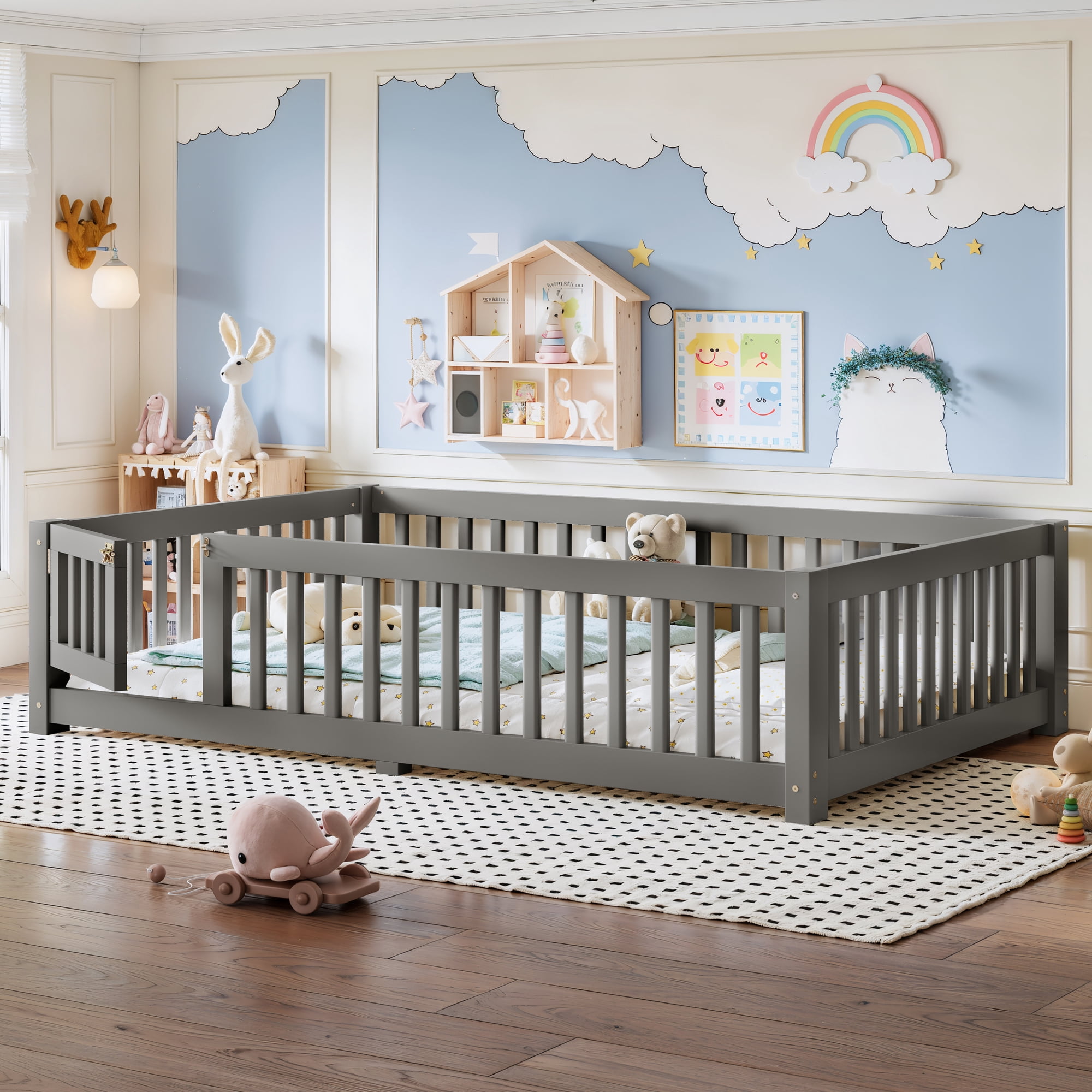 Full Size Kids Floor Bed with Safety Guardrails & Removable Door, Solid Pine Wood Montessori Bed, Gray
