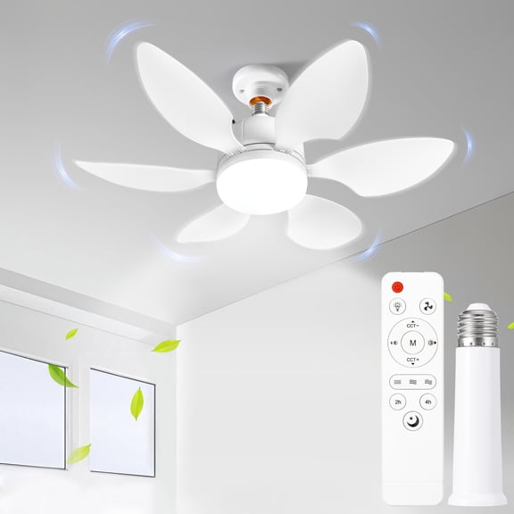 Socket Fan Light with Remote, Portable E27 Base Ceiling Fan Light, Socket Extender, 3 Color Dimmable, 2/4H Timer, Small Ceiling Fan Light for Bedroom Living Room, White