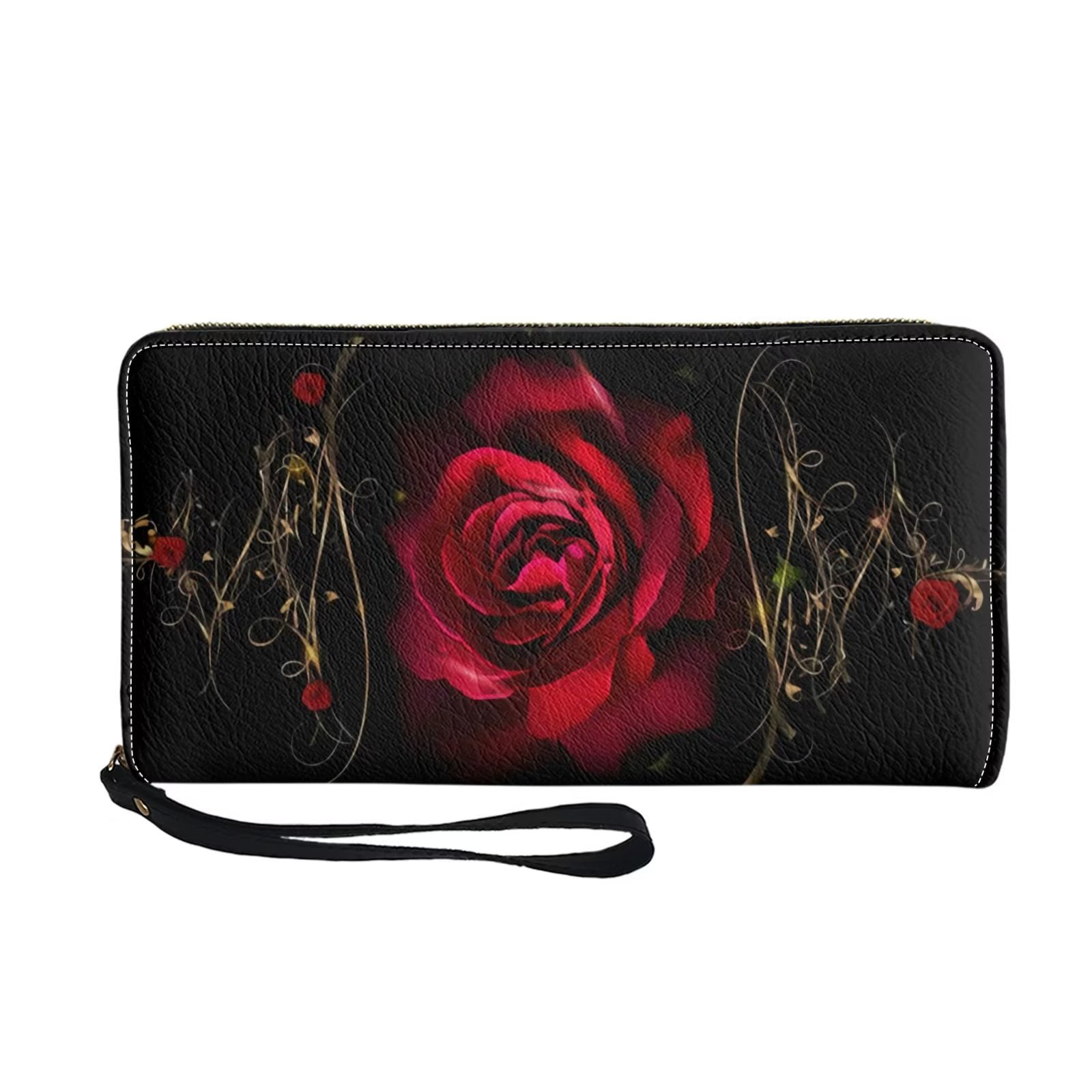 FKELYI Red Rose PU Leather Wristlet Wallets for Women Ladies,Drivers  License Wallet Handbags,Dating and Working Holder Snap Wallets Clutch
