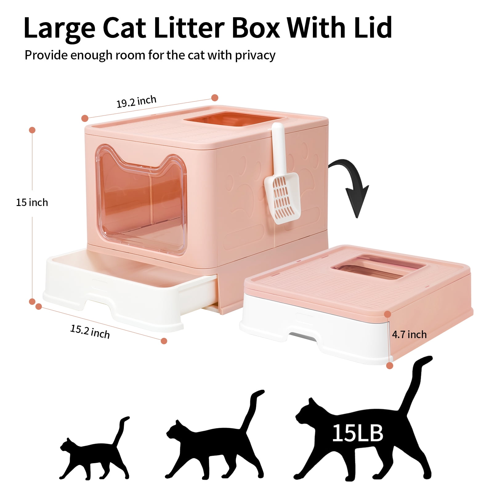 WiseWater Large Foldable Cat Litter Box with Lid, Top Entry Kitty Litter Box with Pet Plastic Scoop, Pink