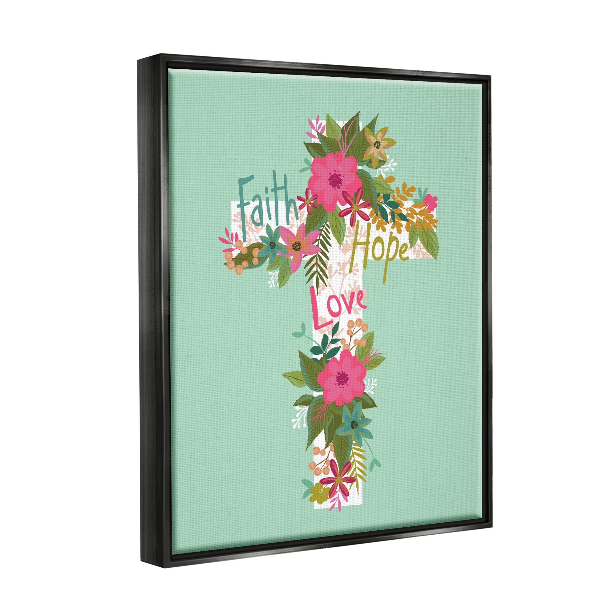 Stupell Industries Faith Hope Love Floral Cross Religious Painting Black Floater Framed Art Print Wall Art