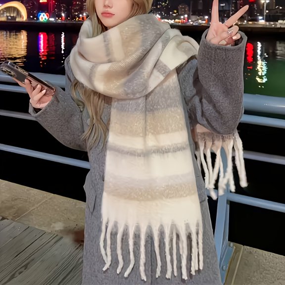 Elegant Beige Winter Warm Plaid Scarf Shawl for Office Formal Outfits