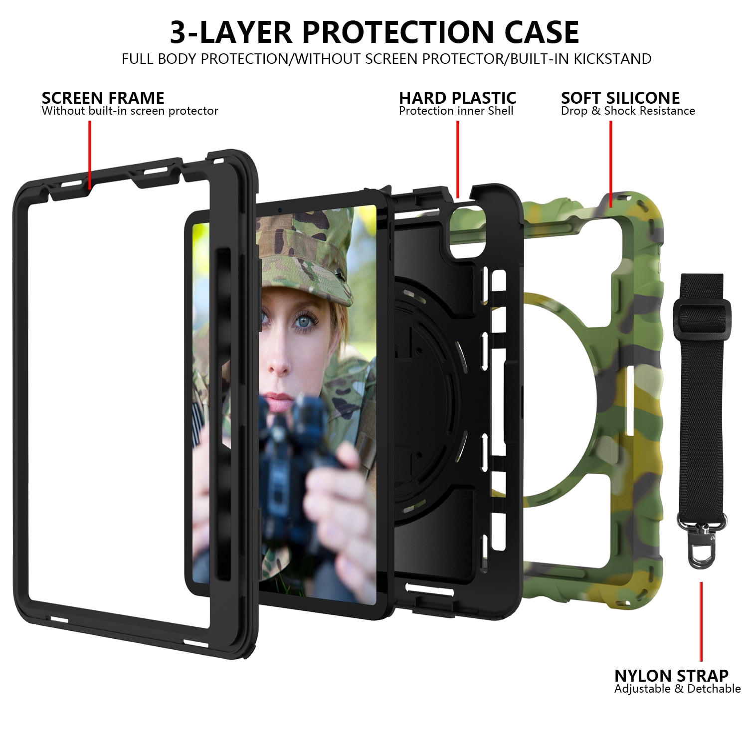 Allytech iPad Air 5 4 10.9 Case 2022/2020, Heavy Duty Shockproof Kids Case with Pencil Holder Hand Strap Kickstand Shoulder Strap for Apple iPad Air 5th 4th Generation 10.9 Inch -Camougflage