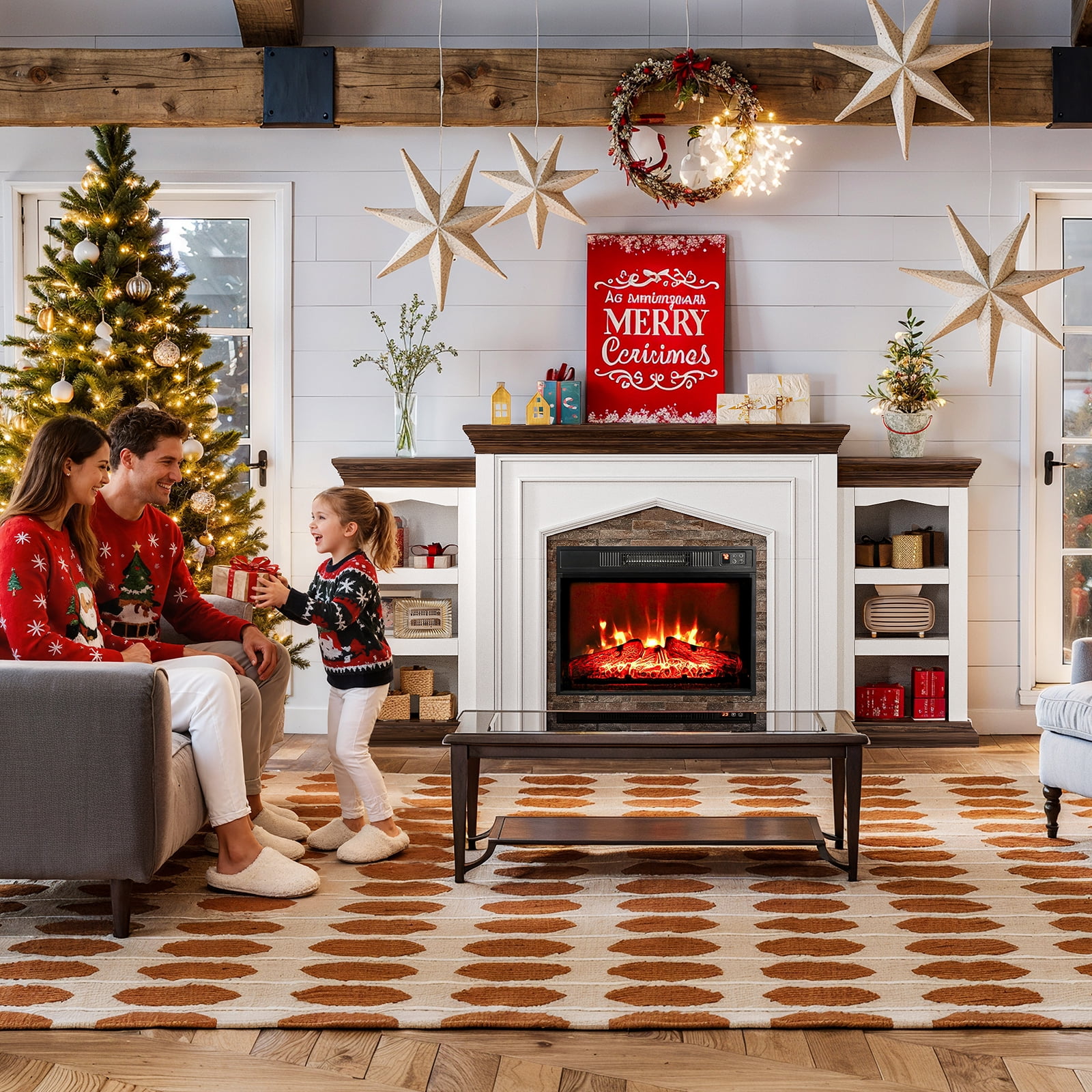 LGHM 80" Fireplace TV Stand with Storage & Bookshelves, Electric Fireplace with Mantel, Farmhouse Entertainment Center for TVs up to 90" with Remote Control, White & Brown