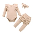 thumbnail image 2 of Conjuntos de blusas y camisas de cuello redondo y manga larga para niña, mono de cuello redondo y manga larga con vuelo de color liso con cintura elástica, pantalones estampados y diadema, conjunto de, 2 of 6