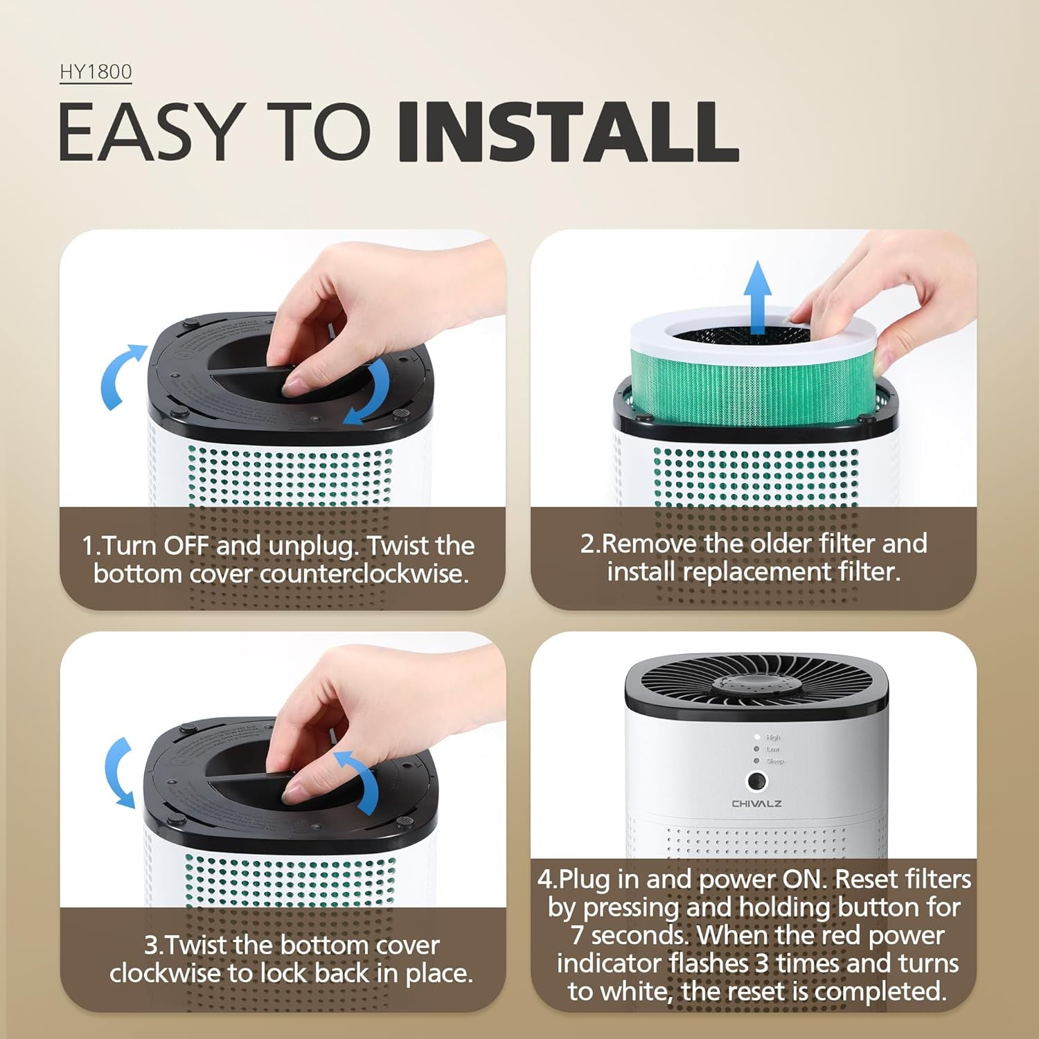 CHIVALZ 2 Pack Air Purifiers for Home Bedroom, Quiet Air Cleaner with 24dB Sleep Mode, True HEPA Filter for Pet, White & Black