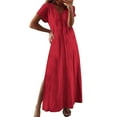 thumbnail image 3 of Horkkom Maxi Dresses for Women Short Sleeve V Neck Summer Dresses Casual Loose Solid Color Long Dresses Slit Side L, 3 of 6