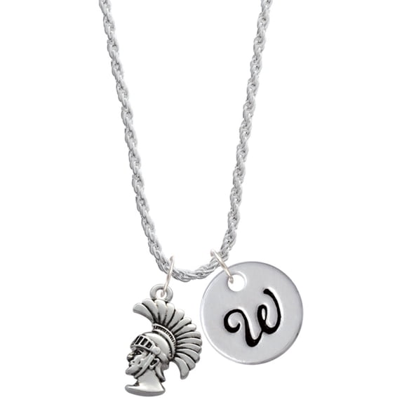 Delight Jewelry Silvertone Large Trojan - Mascot Silvertone Script Initial Disc - W - Charm Necklace, 20"+3"