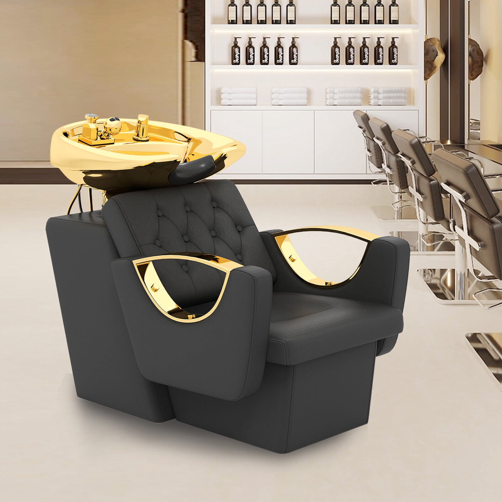 Black+Gold Barber Backwash Unit Ceramic Shampoo Bowl Hair Stylist Station Sink Beauty Salon Spa Equipment