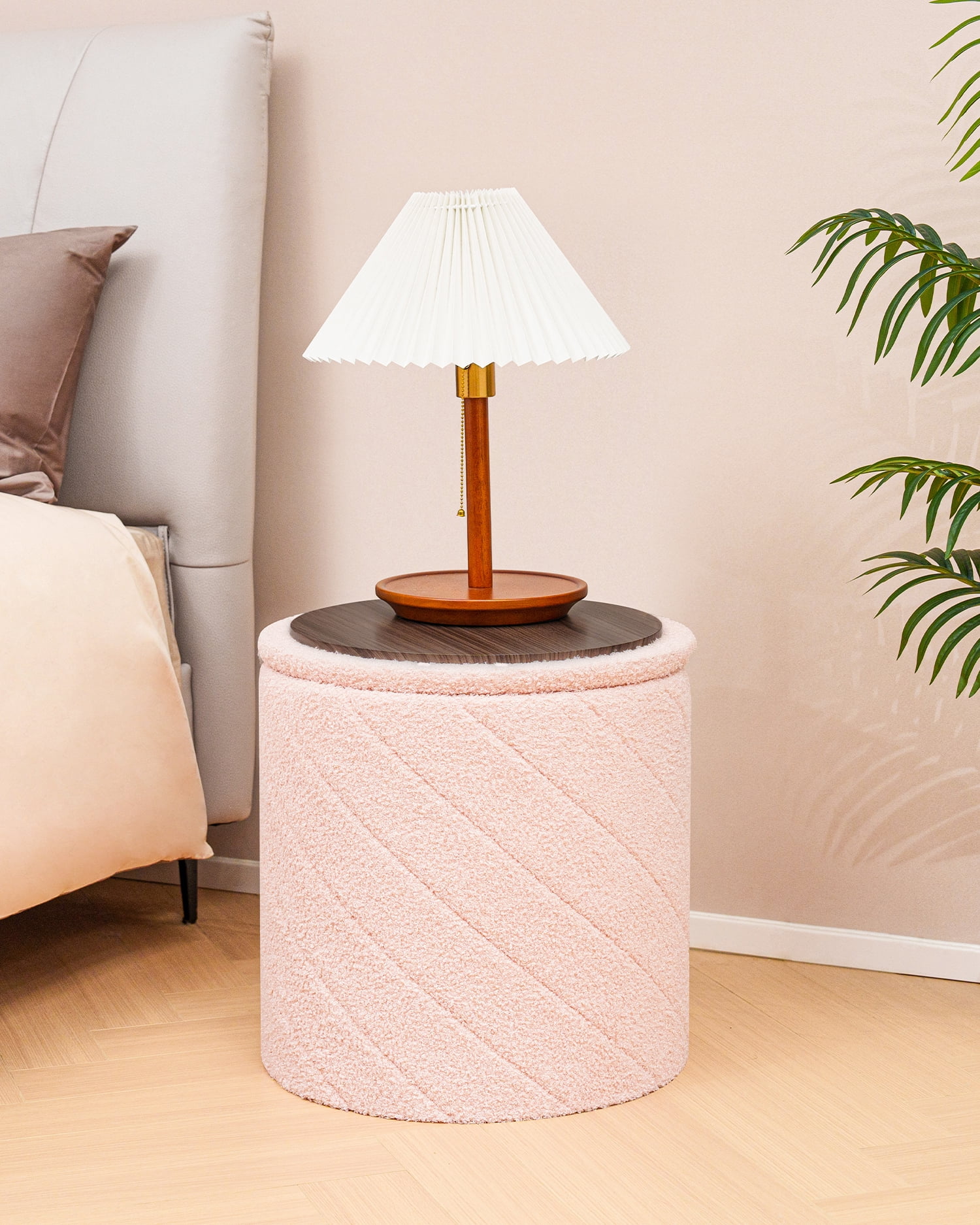 PINPLUS 16.9" Storage Ottoman with Tray Collapsible Foot Rest Stool Seat for Living Room Pink,Sherpa Fabric