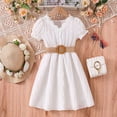 thumbnail image 2 of Kids Girls Summer Solid Color Lace Hem V Neckline Puffed Sleeve Skirt Princess Dress With Belt 2PC Suit Children's Clothing,Size 8-9 Years, 2 of 4