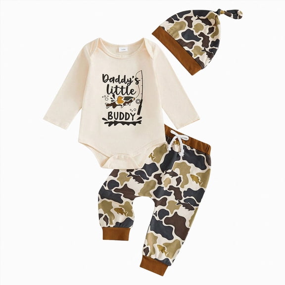Infant Baby Boys 3 Piece Fall Outfit, Long Sleeve Daddy's Little Dude Print Bodysuit Striped Cuff Jogger Pants Beanie Set, Cute Casual Loungewear For Daily Layering Sizes 0-18 Months 9-12 Months