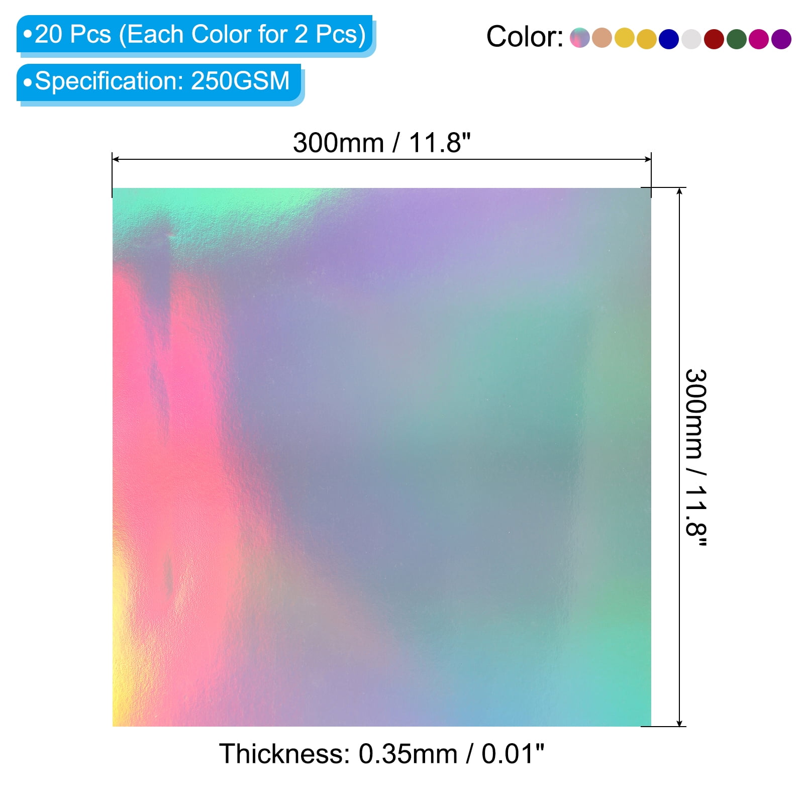 Uxcell 12"x12" Metallic Mirror Board Sheets, 20 Pack 10 Colors Cardstock Foil Board Reflective Sheet 250gsm