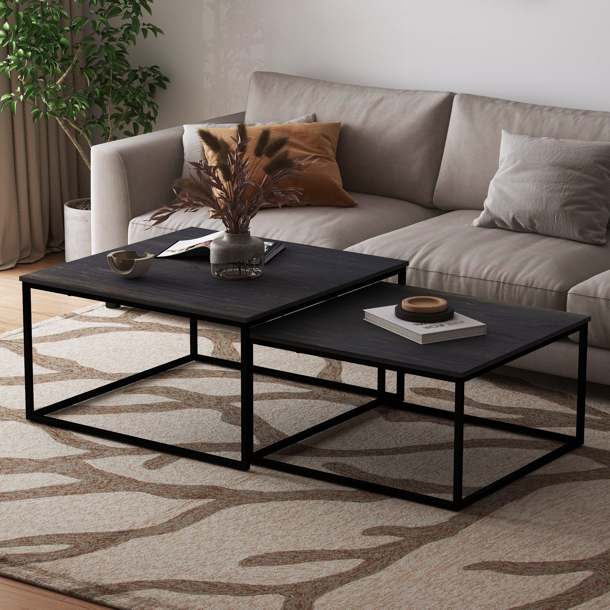 Chnnmbrn Coffee Tables, 2 Piece Set Square Nesting Table for Living Room, Black