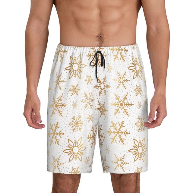 Balery gold Snowflake print Pantalones cortos de pijama de punto de algodón para hombre con cinturilla y bolsillos-XX-Large